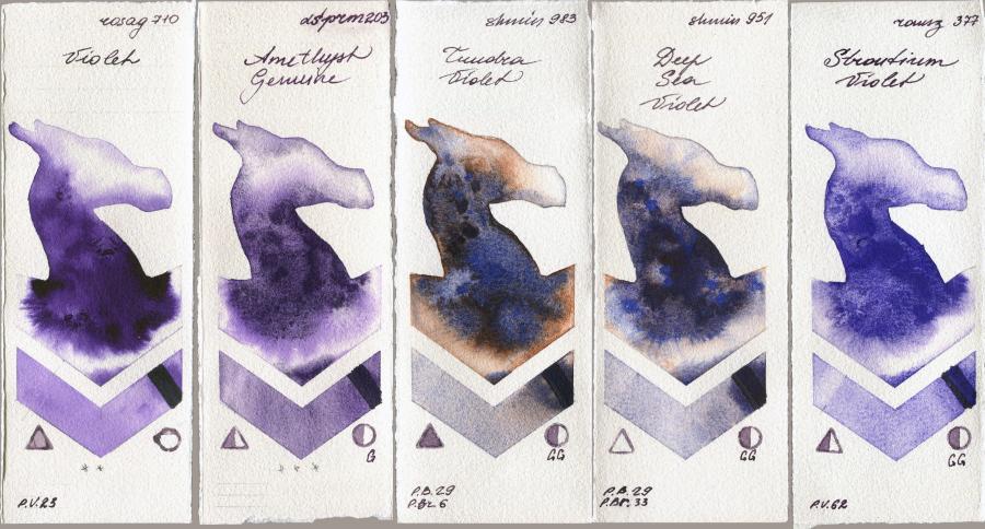 Rosa Gallery 710 Violet vs Daniel Smith 203 Amethyst Genuine vs Shminke Horadam Aquarell 983 Tundra Violet vs 951 Deep Sea Violet vs Roman Szmal Aquarius 377 Strontium Violet watercolor swatch