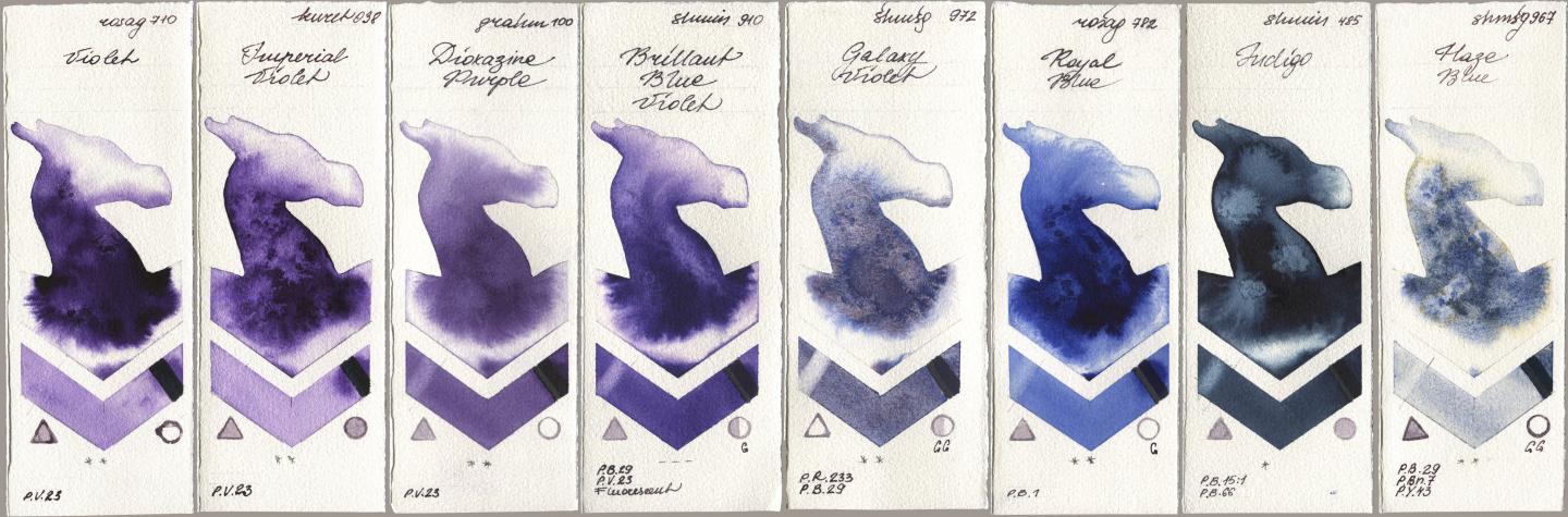 Rosa Gallery 710 Violet, Kuretake Gansai Tambi 038 Imperial Violet, M. Graham & Co. Artists 100 Dioxazine Purple, Shminke Horadam Aquarell 910 Brilliant Blue Violet, 972 Galaxy Violet, 782 Royal Blue, 485 Indigo, 967 Haze Bl watercolor swatch