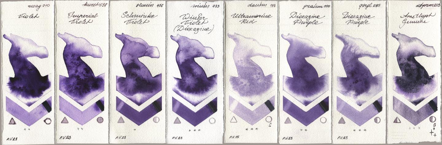 Rosa Gallery 710 Violet, Kuretake Gansai Tambi 038 Imperial Violet, Shminke Horadam Aquarell 476 Schmincke Violet, Winsor & Newton Professional 733 Winsor Violet (Dioxazine), Daniel Smith 107 Ultramarine Red, M. Graham & Co. Artists 100 Dioxazine Purple, Golden QOR 295 Dioxazine Purple, 203 Amethyst Genui watercolor swatch