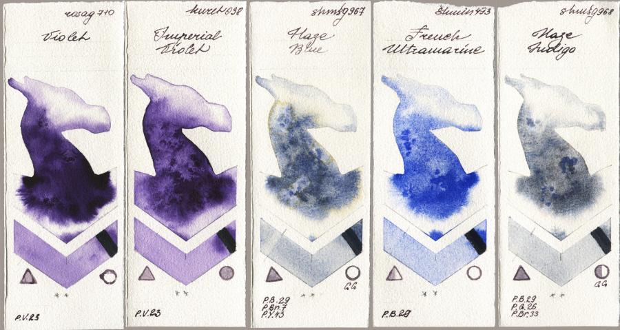 Rosa Gallery 710 Violet vs Kuretake Gansai Tambi 038 Imperial Violet vs Shminke Horadam Aquarell 967 Haze Blue vs 493 French Ultramarine vs 968 Haze Indigo watercolor swatch