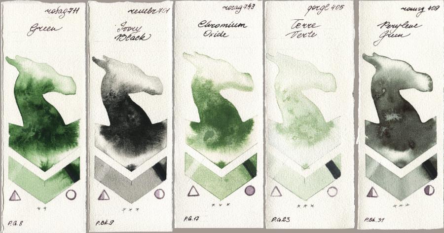 Rosa Gallery 711 Green vs Royal Talens Rembrandt Watercolour 701 Ivory Black vs 743 Chromium Oxide vs Golden QOR 405 Terre Verte vs Roman Szmal Aquarius 409 Perylene Green watercolor swatch