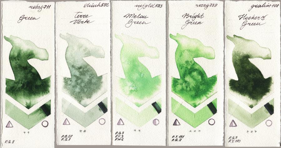 Rosa Gallery 711 Green vs Shinhan PWC 592 Terre Verte vs Mijello Mission Gold 593 Melon Green vs 739 Bright Green vs M. Graham & Co. Artists 108 Hookers Green watercolor swatch