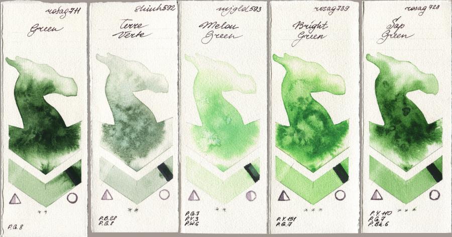 Rosa Gallery 711 Green vs Shinhan PWC 592 Terre Verte vs Mijello Mission Gold 593 Melon Green vs 739 Bright Green vs 728 Sap Green watercolor swatch
