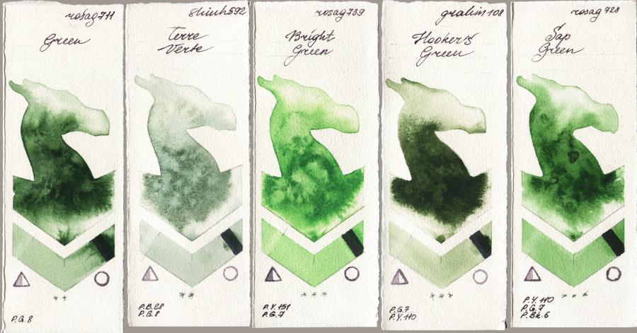 Rosa Gallery 711 Green vs Shinhan PWC 592 Terre Verte vs 739 Bright Green vs M. Graham & Co. Artists 108 Hookers Green vs 728 Sap Green watercolor swatch