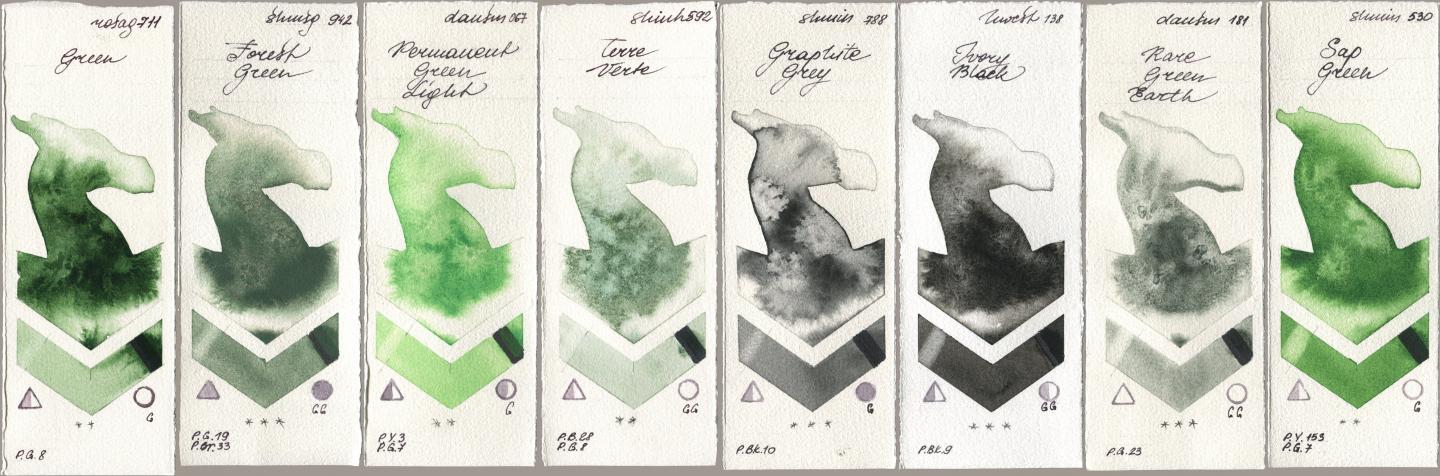 Rosa Gallery 711 Green, Shminke Horadam Aquarell 942 Forest Green, Daniel Smith 067 Permanent Green Light, Shinhan PWC 592 Terre Verte, 788 Graphite Grey, Holbein Artists Watercolor 138 Ivory Black, 181 Rare Green Earth, 530 Sap Gre watercolor swatch