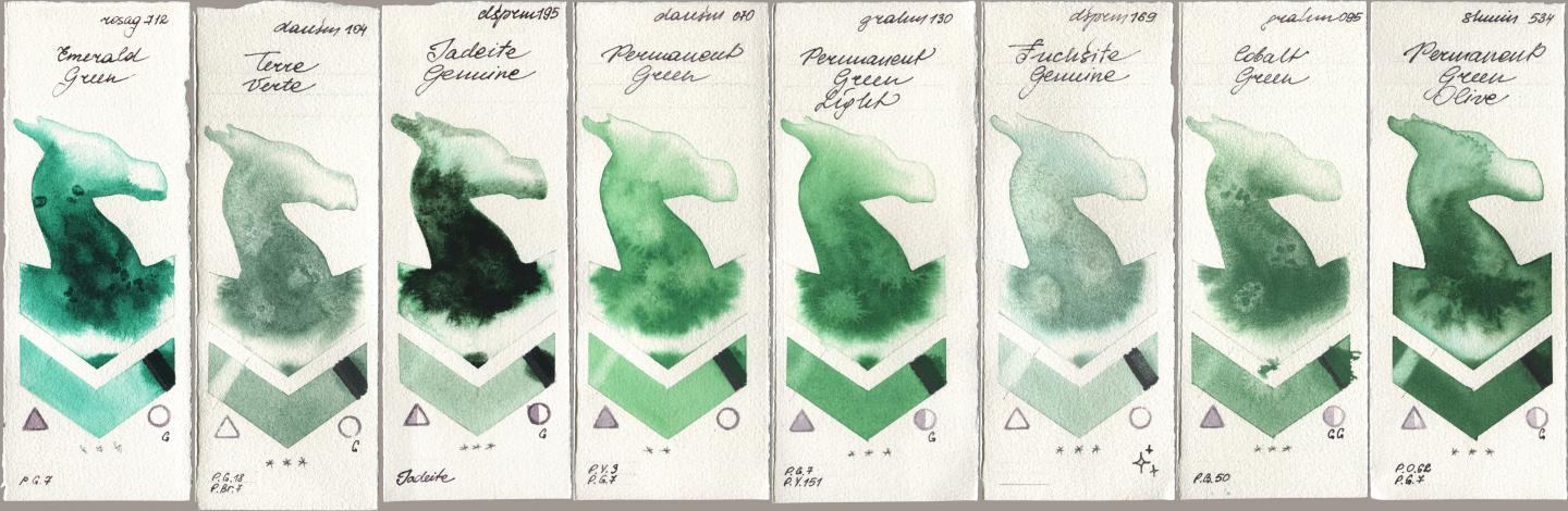 Rosa Gallery 712 Emerald Green, Daniel Smith 104 Terre Verte, 195 Jadeite Genuine, 070 Permanent Green, M. Graham & Co. Artists 130 Permanent Green Light, 169 Fuchsite Genuine, 095 Cobalt Green, Shminke Horadam Aquarell 534 Permanent Green Oli watercolor swatch