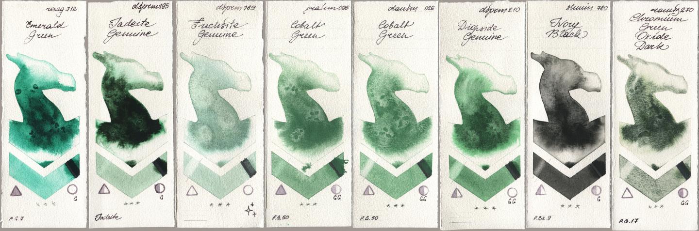 Rosa Gallery 712 Emerald Green, Daniel Smith 195 Jadeite Genuine, 169 Fuchsite Genuine, M. Graham & Co. Artists 095 Cobalt Green, 026 Cobalt Green, 210 Diopside Genuine, Shminke Horadam Aquarell 780 Ivory Black, Roman Szmal Aquarius 270 Chromium Green Oxide Da watercolor swatch