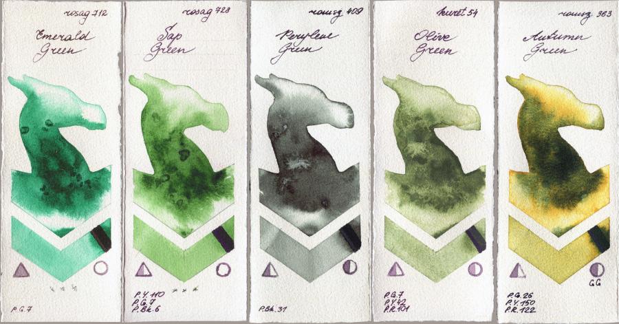 Rosa Gallery 712 Emerald Green vs 728 Sap Green vs Roman Szmal Aquarius 409 Perylene Green vs Kuretake Gansai Tambi 54 Olive Green vs 363 Autumn Green watercolor swatch