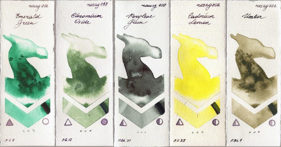 Rosa Gallery 712 Emerald Green vs 743 Chromium Oxide vs Roman Szmal Aquarius 409 Perylene Green vs 702 Cadmium Lemon vs 722 Umber watercolor swatch