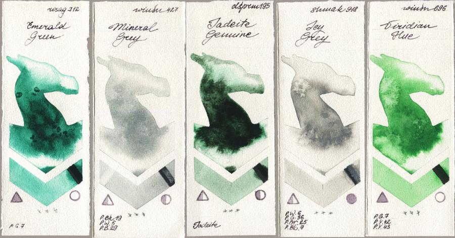 Rosa Gallery 712 Emerald Green vs Winsor & Newton Professional 427 Mineral Grey vs Daniel Smith 195 Jadeite Genuine vs Shminke Akademie Aquarell 918 Icy Grey vs 696 Viridian Hue watercolor swatch