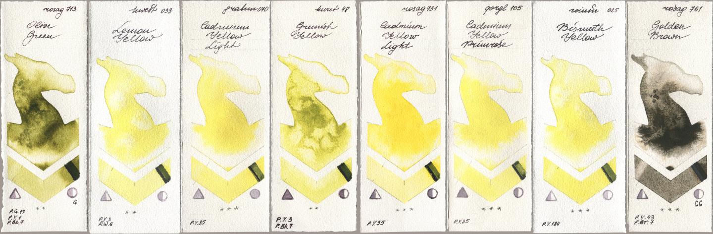 Rosa Gallery 713 Olive Green, Holbein Artists Watercolor 033 Lemon Yellow, M. Graham & Co. Artists 070 Cadmium Yellow Light, Kuretake Gansai Tambi 048 Greenish Yellow, 731 Cadmium Yellow Light, Golden QOR 105 Cadmium Yellow Primrose, Winsor & Newton Professional 025 Bismuth Yellow, 761 Golden Bro watercolor swatch