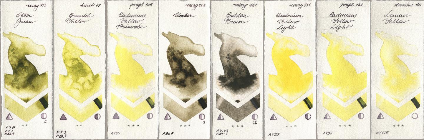 Rosa Gallery 713 Olive Green, Kuretake Gansai Tambi 048 Greenish Yellow, Golden QOR 105 Cadmium Yellow Primrose, 722 Umber, 761 Golden Brown, 731 Cadmium Yellow Light, 120 Cadmium Yellow Light, Daniel Smith 165 Lemon Yell watercolor swatch
