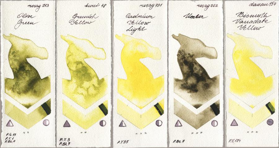 Rosa Gallery 713 Olive Green vs Kuretake Gansai Tambi 048 Greenish Yellow vs 731 Cadmium Yellow Light vs 722 Umber vs Daniel Smith 154 Bismuth Vanadate Yellow watercolor swatch