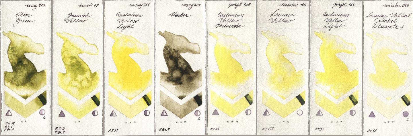 Rosa Gallery 713 Olive Green, Kuretake Gansai Tambi 048 Greenish Yellow, 731 Cadmium Yellow Light, 722 Umber, Golden QOR 105 Cadmium Yellow Primrose, Daniel Smith 165 Lemon Yellow, 120 Cadmium Yellow Light, Winsor & Newton Professional 347 Lemon Yellow (Nickel Titanat watercolor swatch