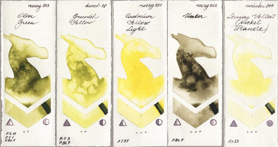 Rosa Gallery 713 Olive Green vs Kuretake Gansai Tambi 048 Greenish Yellow vs 731 Cadmium Yellow Light vs 722 Umber vs Winsor & Newton Professional 347 Lemon Yellow (Nickel Titanate) watercolor swatch