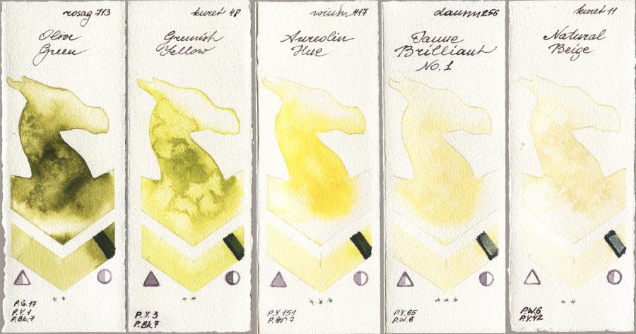 Rosa Gallery 713 Olive Green vs Kuretake Gansai Tambi 048 Greenish Yellow vs Winsor & Newton Professional 417 Aureolin Hue vs Daniel Smith 256 Jaune Brilliant No 1 vs 011 Natural Beige watercolor swatch