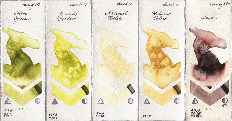 Rosa Gallery 713 Olive Green vs Kuretake Gansai Tambi 48 Greenish Yellow vs 11 Natural Beige vs 44 Yellow Ochre vs Roman Szmal Aquarius 384 Lava watercolor swatch