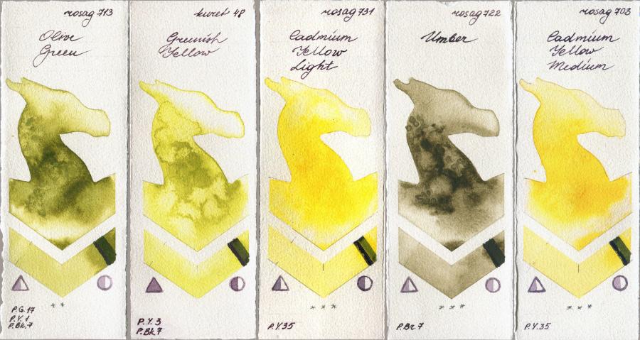 Rosa Gallery 713 Olive Green vs Kuretake Gansai Tambi 48 Greenish Yellow vs 731 Cadmium Yellow Light vs 722 Umber vs 703 Cadmium Yellow Medium watercolor swatch