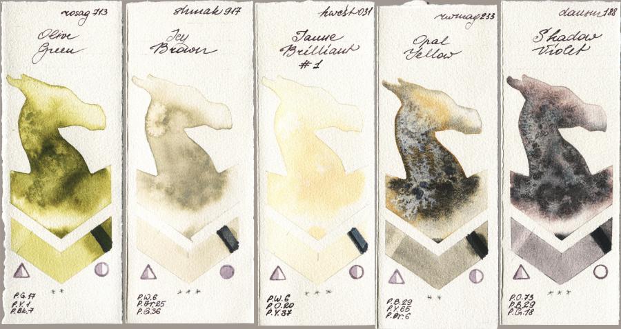 Rosa Gallery 713 Olive Green vs Shminke Akademie Aquarell 917 Icy Brown vs Holbein Artists Watercolor 031 Jaune Brilliant No 1 vs Rockwell 233 Opal Yellow vs Daniel Smith 188 Shadow Violet watercolor swatch