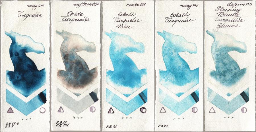 Rosa Gallery 714 Turquiose vs Mijello Mission Gold 827 Oxide Turquoise vs Royal Talens Rembrandt Watercolour 586 Cobalt Turquoise Blue vs 741 Cobalt Turquoise vs Daniel Smith 150 Sleeping Beauty Turquoise Genuine watercolor swatch