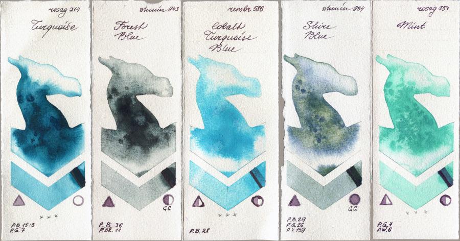 Rosa Gallery 714 Turquiose vs Shminke Horadam Aquarell 943 Forest Blue vs Royal Talens Rembrandt Watercolour 586 Cobalt Turquoise Blue vs 934 Shire Blue vs 754 Mint watercolor swatch