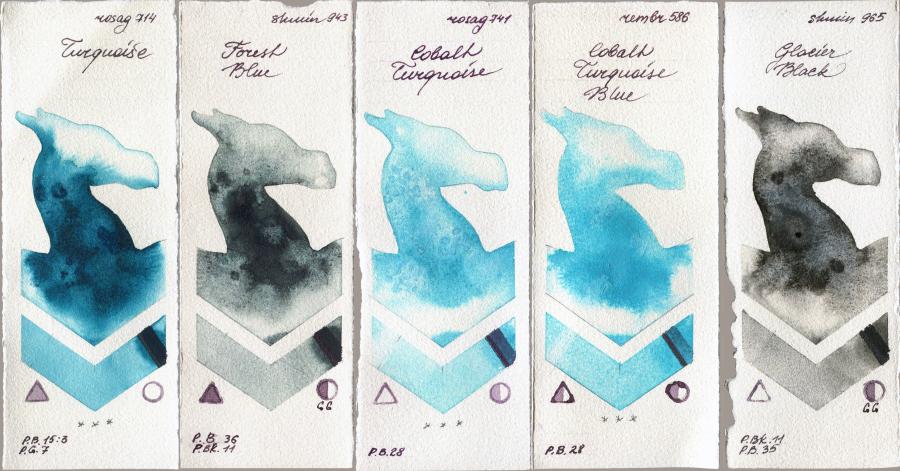 Rosa Gallery 714 Turquiose vs Shminke Horadam Aquarell 943 Forest Blue vs 741 Cobalt Turquoise vs Royal Talens Rembrandt Watercolour 586 Cobalt Turquoise Blue vs 965 Glacier Black watercolor swatch