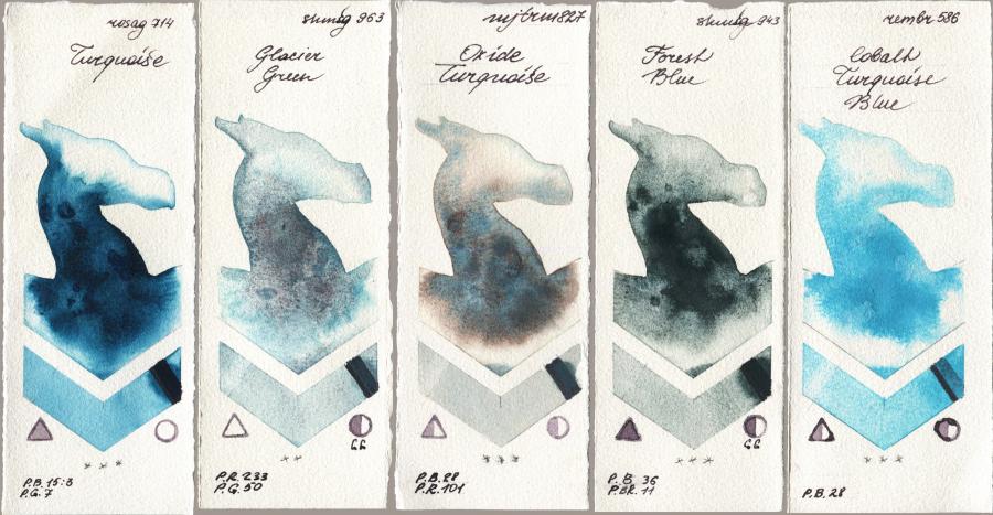 Rosa Gallery 714 Turquiose vs Shminke Horadam Aquarell 963 Glacier Green vs Mijello Mission Gold 827 Oxide Turquoise vs 943 Forest Blue vs Royal Talens Rembrandt Watercolour 586 Cobalt Turquoise Blue watercolor swatch