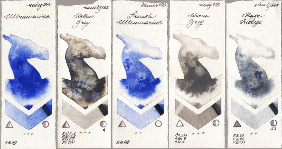 Rosa Gallery 715 Ultramarine vs Roman Szmal Aquarius 262 Urban Grey vs Shminke Horadam Aquarell 493 French Ultramarine vs 759 Warm Grey vs 968 Haze Indigo watercolor swatch