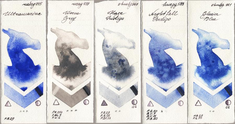 Rosa Gallery 715 Ultramarine vs 759 Warm Grey vs Shminke Horadam Aquarell 968 Haze Indigo vs Holbein Artists Watercolor 533 Nightfall Indigo vs 961 Glacier Blue watercolor swatch