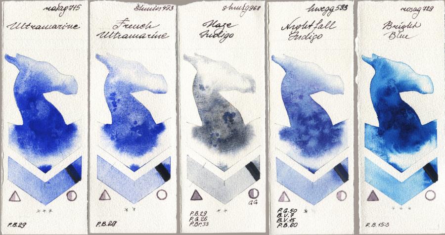 Rosa Gallery 715 Ultramarine vs Shminke Horadam Aquarell 493 French Ultramarine vs 968 Haze Indigo vs Holbein Artists Watercolor 533 Nightfall Indigo vs 729 Bright Blue watercolor swatch