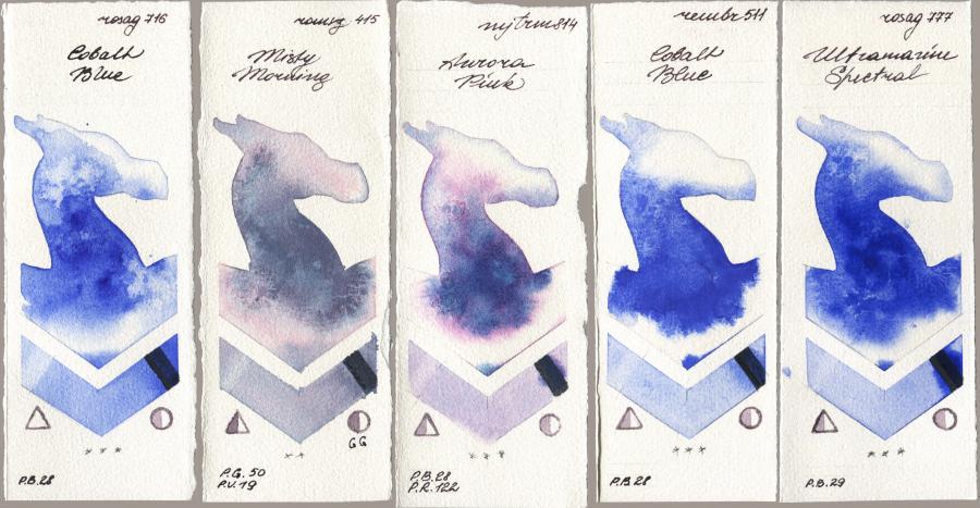Rosa Gallery 716 Cobalt Blue vs Roman Szmal Aquarius 415 Misty Morning vs Mijello Mission Gold 814 Aurora Pink vs Royal Talens Rembrandt Watercolour 511 Cobalt Blue vs 777 Ultramarine Spectral watercolor swatch