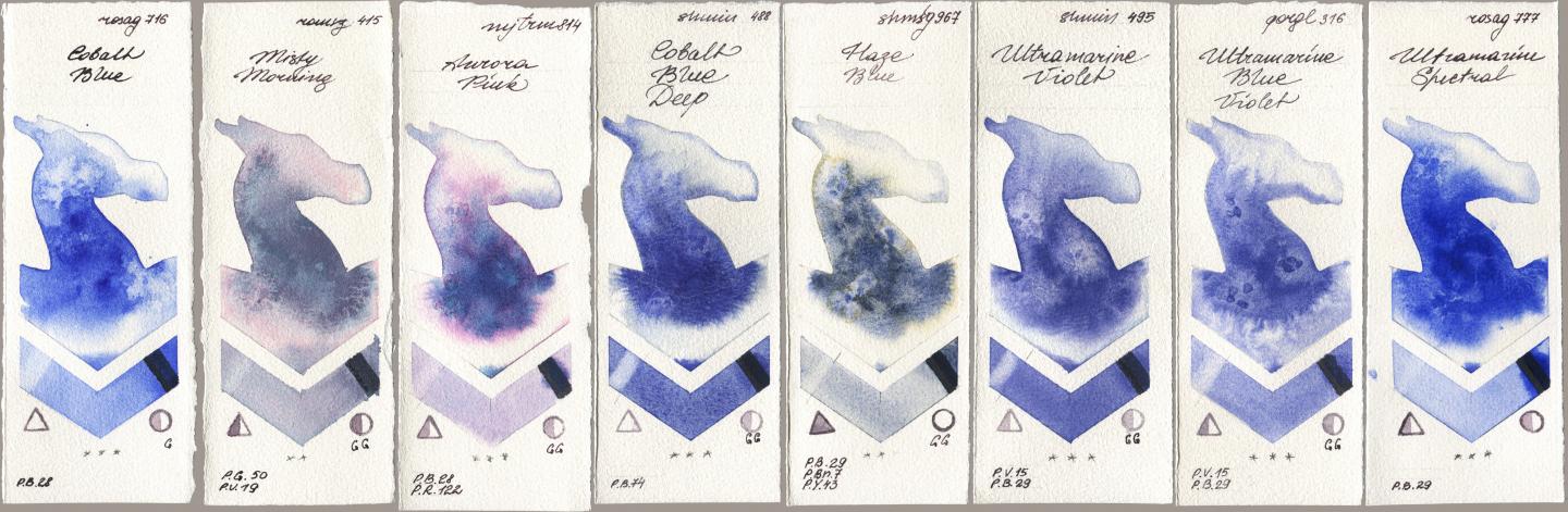 Rosa Gallery 716 Cobalt Blue, Roman Szmal Aquarius 415 Misty Morning, Mijello Mission Gold 814 Aurora Pink, Shminke Horadam Aquarell 488 Cobalt Blue Deep, 967 Haze Blue, 495 Ultramarine Violet, Golden QOR 316 Ultramarine Blue Violet, 777 Ultramarine Spectr watercolor swatch
