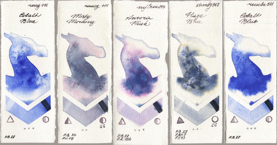 Rosa Gallery 716 Cobalt Blue vs Roman Szmal Aquarius 415 Misty Morning vs Mijello Mission Gold 814 Aurora Pink vs Shminke Horadam Aquarell 967 Haze Blue vs Royal Talens Rembrandt Watercolour 511 Cobalt Blue watercolor swatch