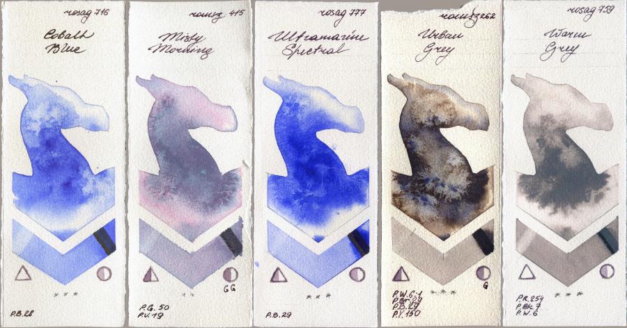 Rosa Gallery 716 Cobalt Blue vs Roman Szmal Aquarius 415 Misty Morning vs 777 Ultramarine Spectral vs 262 Urban Grey vs 759 Warm Grey watercolor swatch