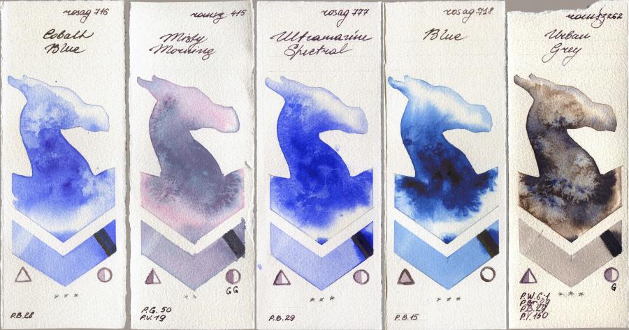 Rosa Gallery 716 Cobalt Blue vs Roman Szmal Aquarius 415 Misty Morning vs 777 Ultramarine Spectral vs 718 Blue vs 262 Urban Grey watercolor swatch