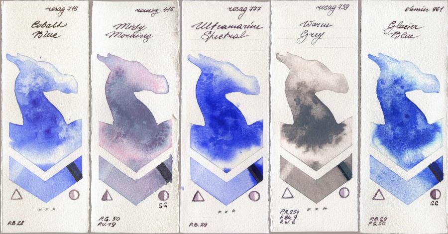 Rosa Gallery 716 Cobalt Blue vs Roman Szmal Aquarius 415 Misty Morning vs 777 Ultramarine Spectral vs 759 Warm Grey vs Shminke Horadam Aquarell 961 Glacier Blue watercolor swatch