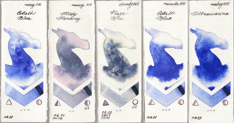 Rosa Gallery 716 Cobalt Blue vs Roman Szmal Aquarius 415 Misty Morning vs Shminke Horadam Aquarell 967 Haze Blue vs Royal Talens Rembrandt Watercolour 511 Cobalt Blue vs 715 Ultramarine watercolor swatch