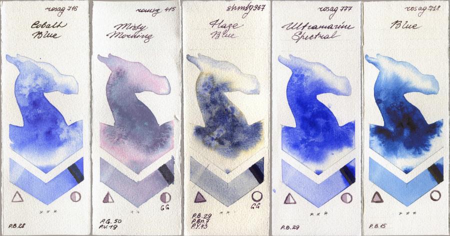 Rosa Gallery 716 Cobalt Blue vs Roman Szmal Aquarius 415 Misty Morning vs Shminke Horadam Aquarell 967 Haze Blue vs 777 Ultramarine Spectral vs 718 Blue watercolor swatch