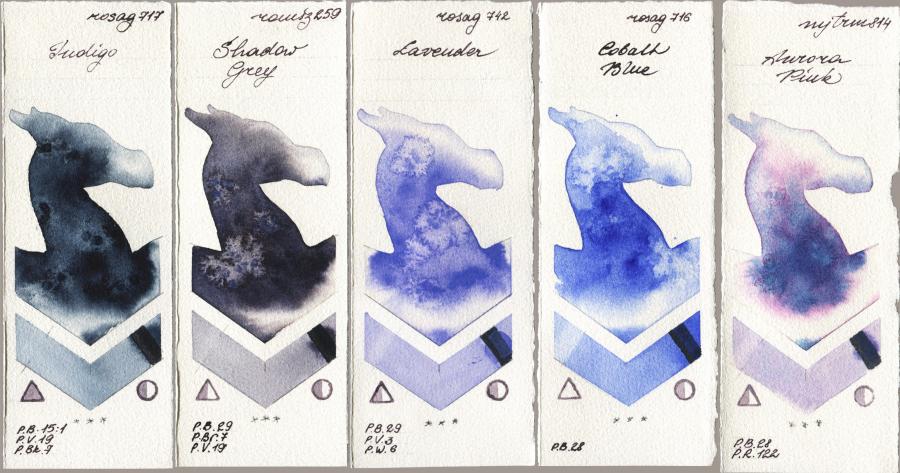 Rosa Gallery 717 Indigo vs Roman Szmal Aquarius 259 Shadow Grey vs 742 Lavender vs 716 Cobalt Blue vs Mijello Mission Gold 814 Aurora Pink watercolor swatch