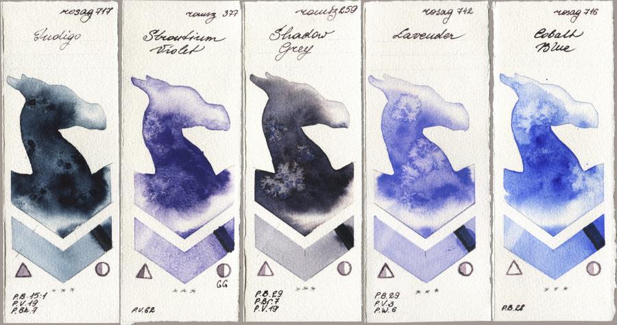 Rosa Gallery 717 Indigo vs Roman Szmal Aquarius 377 Strontium Violet vs 259 Shadow Grey vs 742 Lavender vs 716 Cobalt Blue watercolor swatch
