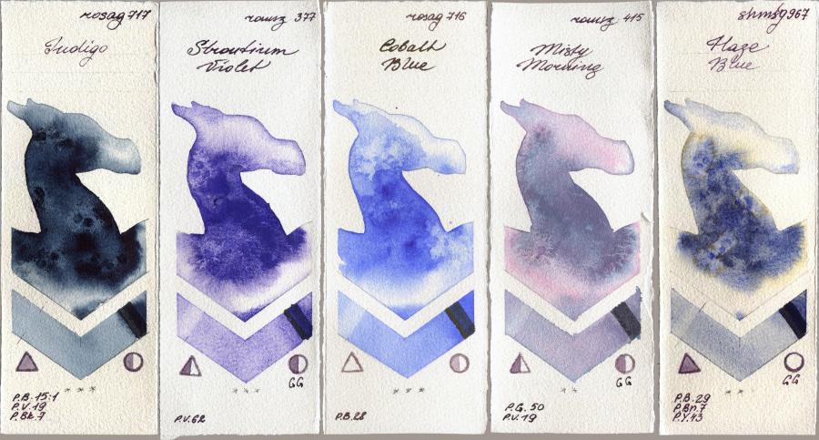 Rosa Gallery 717 Indigo vs Roman Szmal Aquarius 377 Strontium Violet vs 716 Cobalt Blue vs 415 Misty Morning vs Shminke Horadam Aquarell 967 Haze Blue watercolor swatch