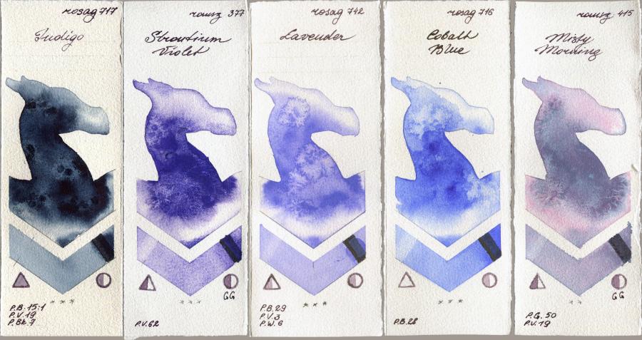 Rosa Gallery 717 Indigo vs Roman Szmal Aquarius 377 Strontium Violet vs 742 Lavender vs 716 Cobalt Blue vs 415 Misty Morning watercolor swatch