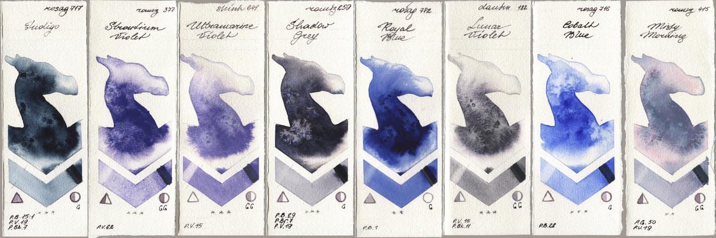 Rosa Gallery 717 Indigo, Roman Szmal Aquarius 377 Strontium Violet, Shinhan PWC 641 Ultramarine Violet, 259 Shadow Grey, 782 Royal Blue, Daniel Smith 182 Lunar Violet, 716 Cobalt Blue, 415 Misty Morni watercolor swatch