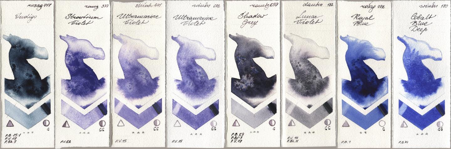 Rosa Gallery 717 Indigo, Roman Szmal Aquarius 377 Strontium Violet, Shinhan PWC 641 Ultramarine Violet, Winsor & Newton Professional 672 Ultramarine Violet, 259 Shadow Grey, Daniel Smith 182 Lunar Violet, 782 Royal Blue, 180 Cobalt Blue De watercolor swatch