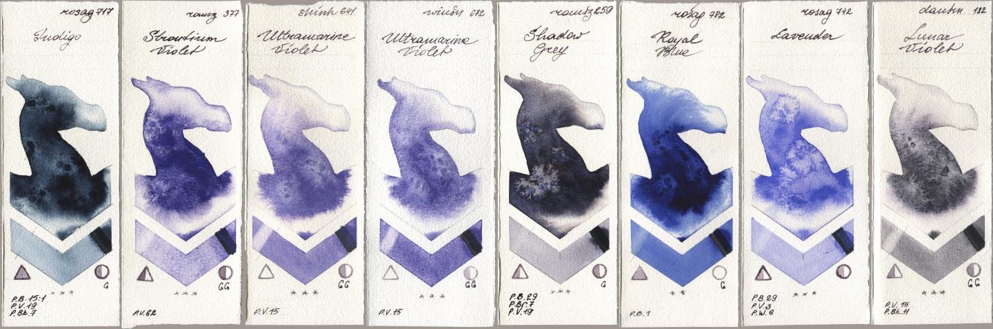 Rosa Gallery 717 Indigo, Roman Szmal Aquarius 377 Strontium Violet, Shinhan PWC 641 Ultramarine Violet, Winsor & Newton Professional 672 Ultramarine Violet, 259 Shadow Grey, 782 Royal Blue, 742 Lavender, Daniel Smith 182 Lunar Viol watercolor swatch