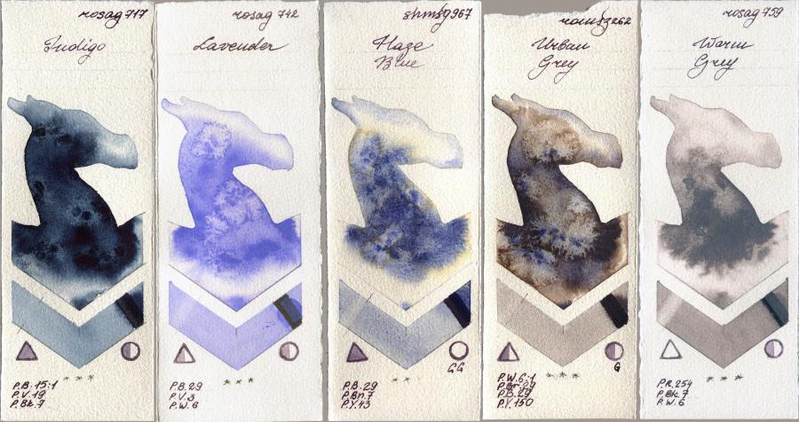 Rosa Gallery 717 Indigo vs 742 Lavender vs Shminke Horadam Aquarell 967 Haze Blue vs Roman Szmal Aquarius 262 Urban Grey vs 759 Warm Grey watercolor swatch