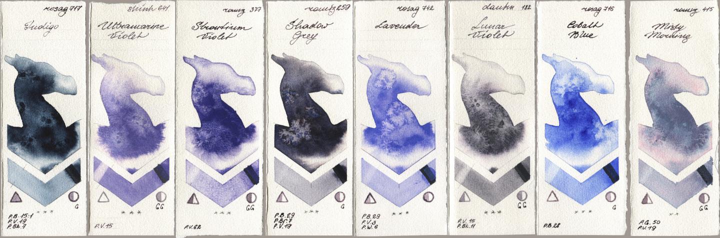Rosa Gallery 717 Indigo, Shinhan PWC 641 Ultramarine Violet, Roman Szmal Aquarius 377 Strontium Violet, 259 Shadow Grey, 742 Lavender, Daniel Smith 182 Lunar Violet, 716 Cobalt Blue, 415 Misty Morni watercolor swatch