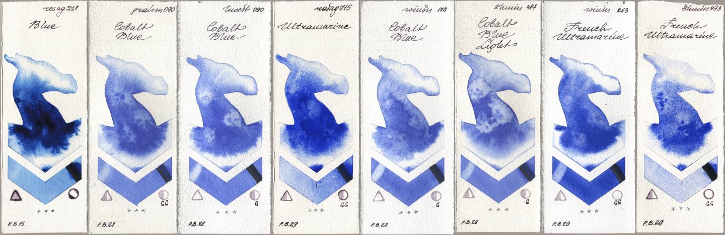 Rosa Gallery 718 Blue, M. Graham & Co. Artists 090 Cobalt Blue, Holbein Artists Watercolor 090 Cobalt Blue, 715 Ultramarine, Winsor & Newton Professional 178 Cobalt Blue, Shminke Horadam Aquarell 487 Cobalt Blue Light, 263 French Ultramarine, 493 French Ultramari watercolor swatch