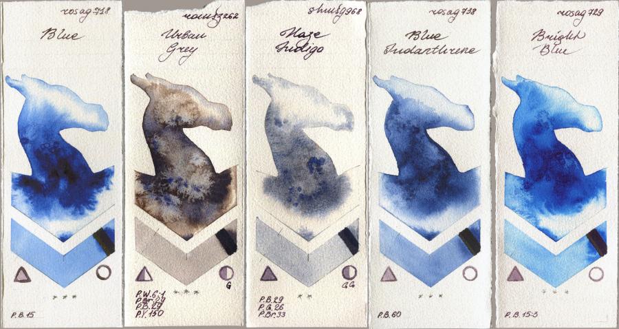 Rosa Gallery 718 Blue vs Roman Szmal Aquarius 262 Urban Grey vs Shminke Horadam Aquarell 968 Haze Indigo vs 738 Blue Indanthrone vs 729 Bright Blue watercolor swatch