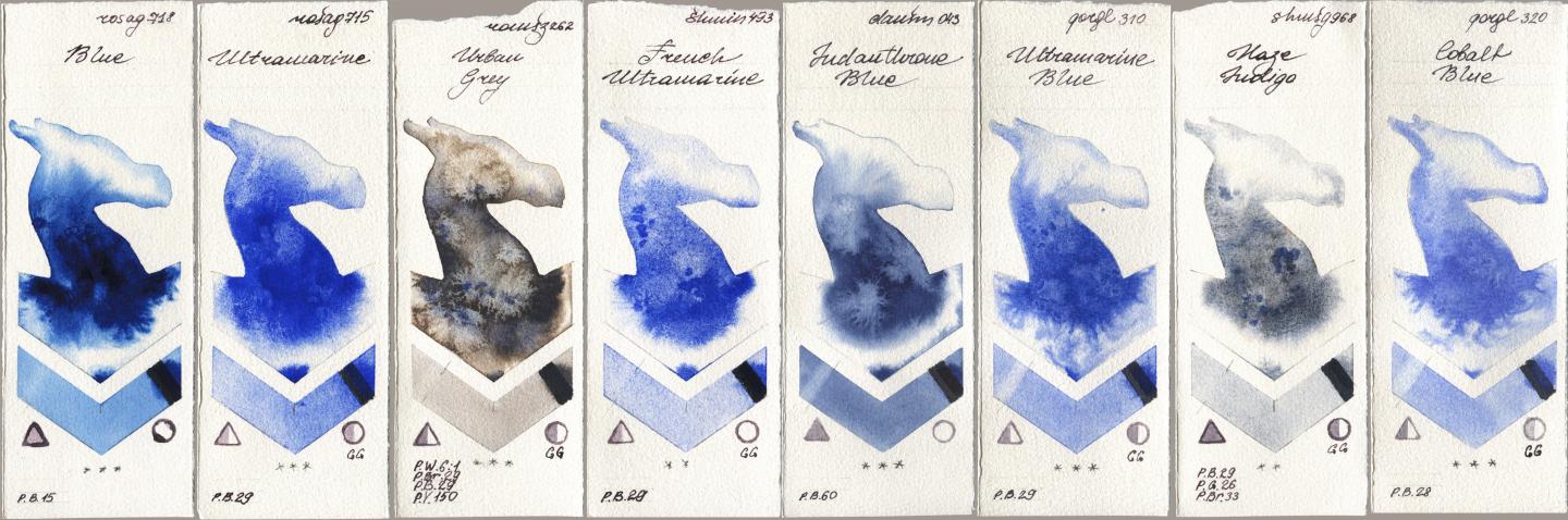 Rosa Gallery 718 Blue, 715 Ultramarine, Roman Szmal Aquarius 262 Urban Grey, Shminke Horadam Aquarell 493 French Ultramarine, Daniel Smith 043 Indanthrone Blue, Golden QOR 310 Ultramarine Blue, 968 Haze Indigo, 320 Cobalt Bl watercolor swatch